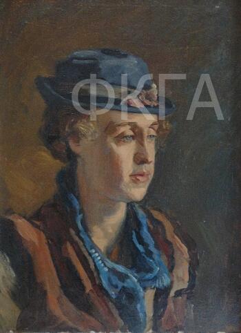 Н.С. Барсамов. Портреты жены Н.С. Барсамов. Портрет С.А. Барсамовой в синей шляпке. 1941 г. Холст, масло.